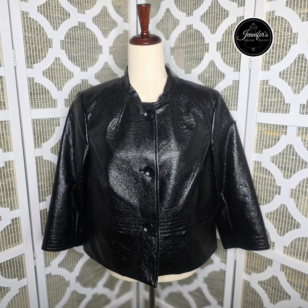 Evan Picone Black Faux Leather 3/4 Sleeve Lined Jacket Size 10